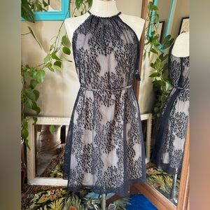 New York & Company Black Lace Halter Dress Medium Lined Nude Cocktail NEW w/tags